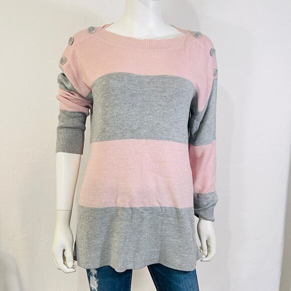 Vince Camuto Sweater Womens Medium Pink Gray Color Block Knit Pullover Baggy - Picture 1 of 14